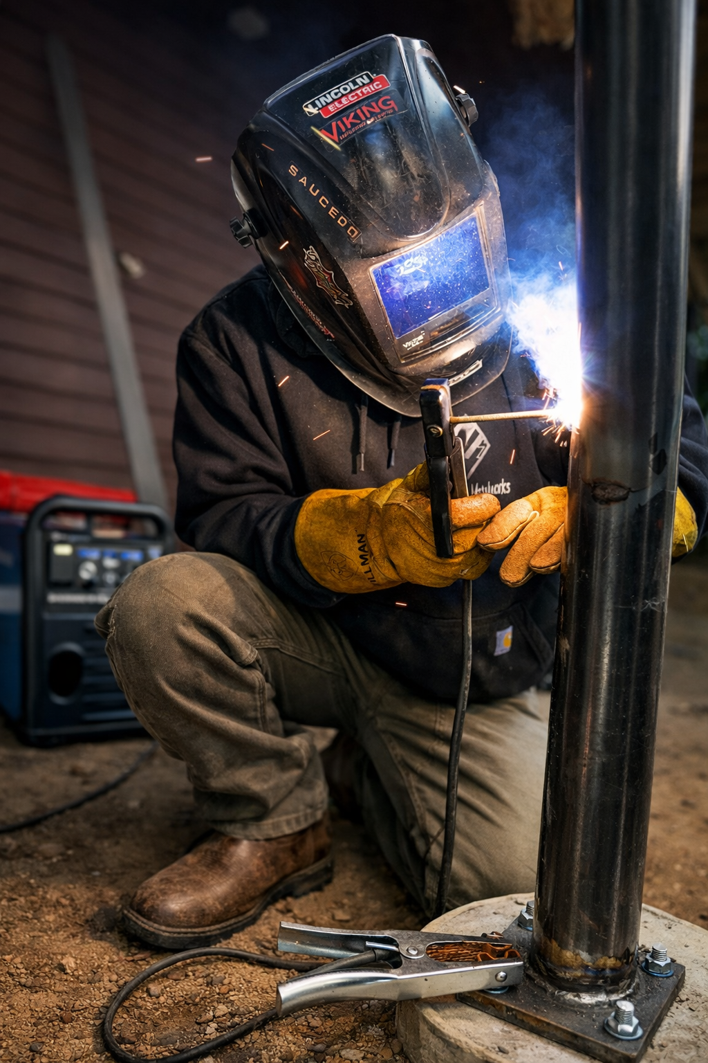 A highly-skilled welder welding steel with a Lincoln electric welding hood, gloves, and boots, sparks flying as they work on a vertical pipe with miller welding machine nearby.