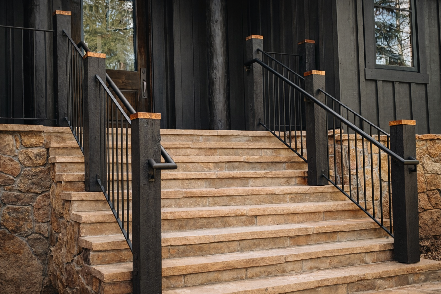 Custom exterior staircase with stone steps, custom black powder coated metal railing, and wooden accents leading to a high-end dark-colored house with large windows and wooden siding.