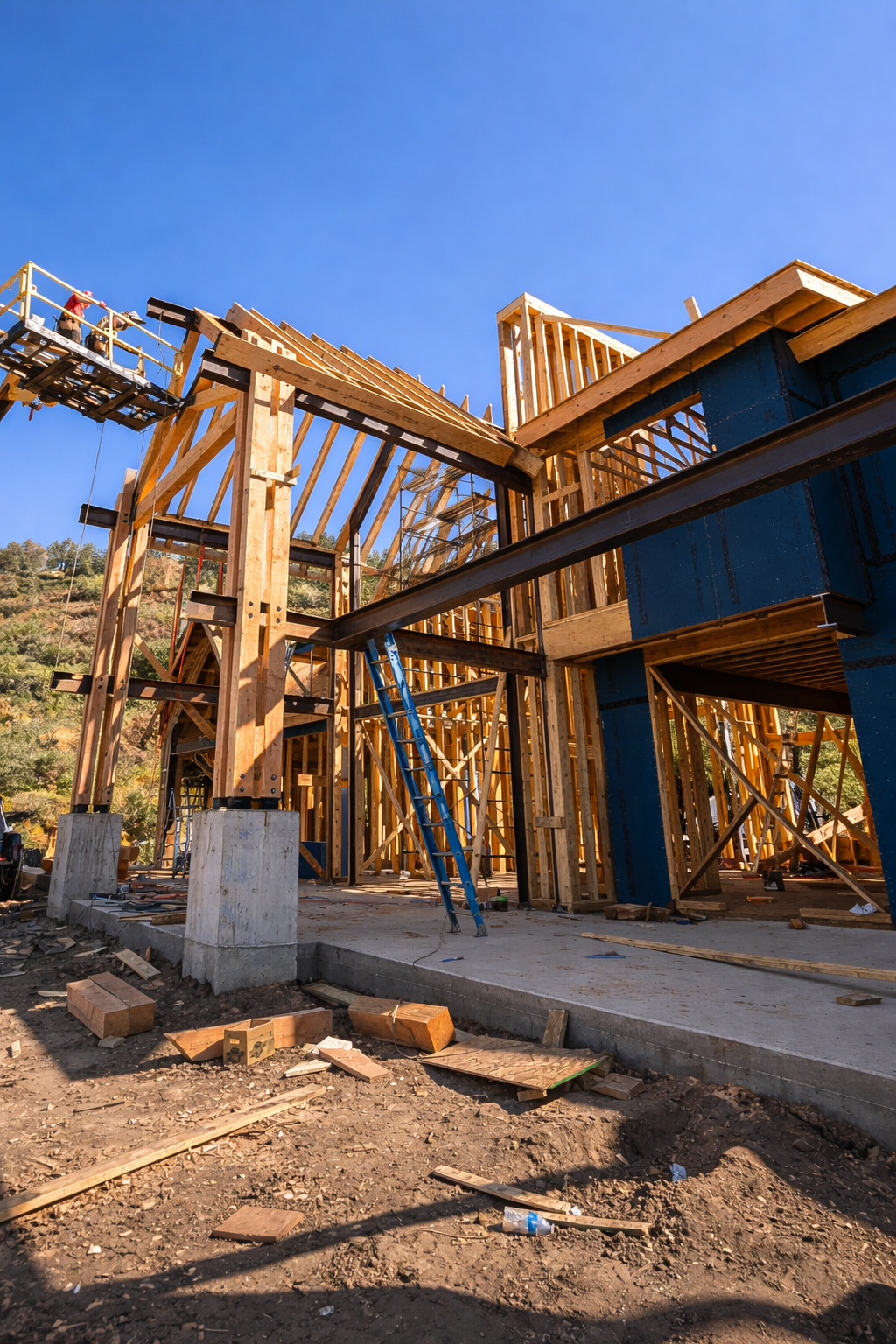 Construction site with structural steel and wooden framing of a residential building under construction, blue sky, and construction worker on a lift.