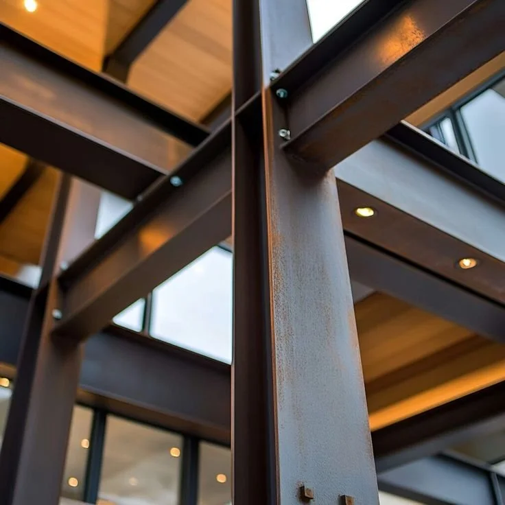 Close-up view of a modern architectural interior featuring intersecting metal beams, some with a rusted finish, and large windows.