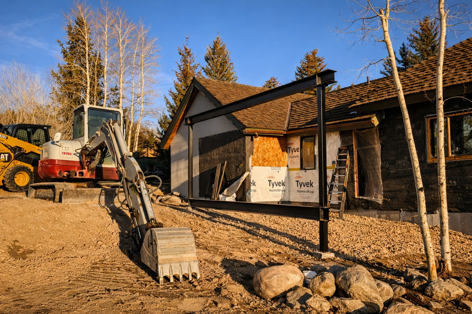 Construction site with partially built deck using structural I-beams surrounded by trees, construction equipment, and building materials.