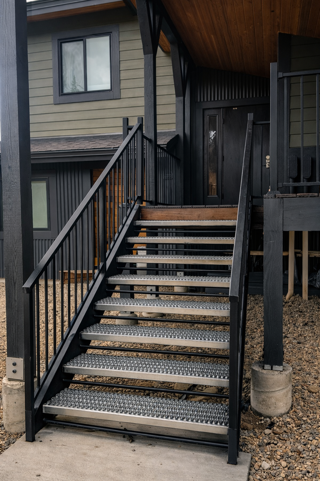 Custom exterior metal staircase leading to a black front door of a luxury condo, with beige siding and a covered deck area.