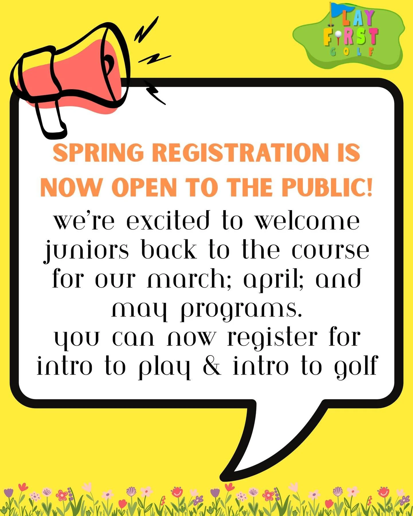 Registration is open for our Spring Season! You can now register your junior for March, April, &amp; May in our Intro to Play and Intro to Golf programs. Go to playfirstgolf.ca to sign up.

Registration for our Spring Break Camps will be available so
