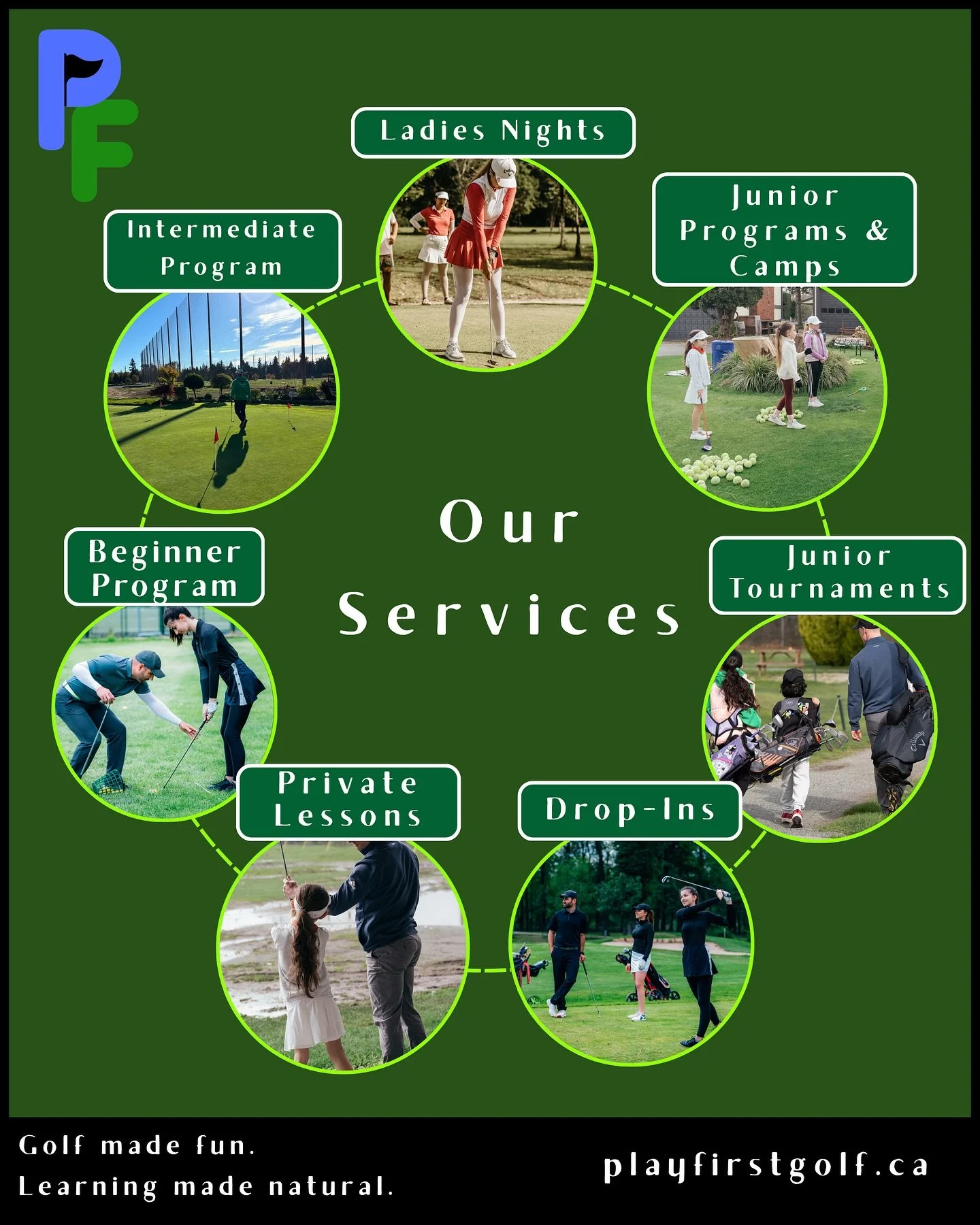 Elevate your game with Play First Golf
Coaching designed for real results
Spring Promo: Register for a Program or a Drop-In Lesson, receive 25% off your next Drop-In Lesson
Classes for April, May &amp; June are open