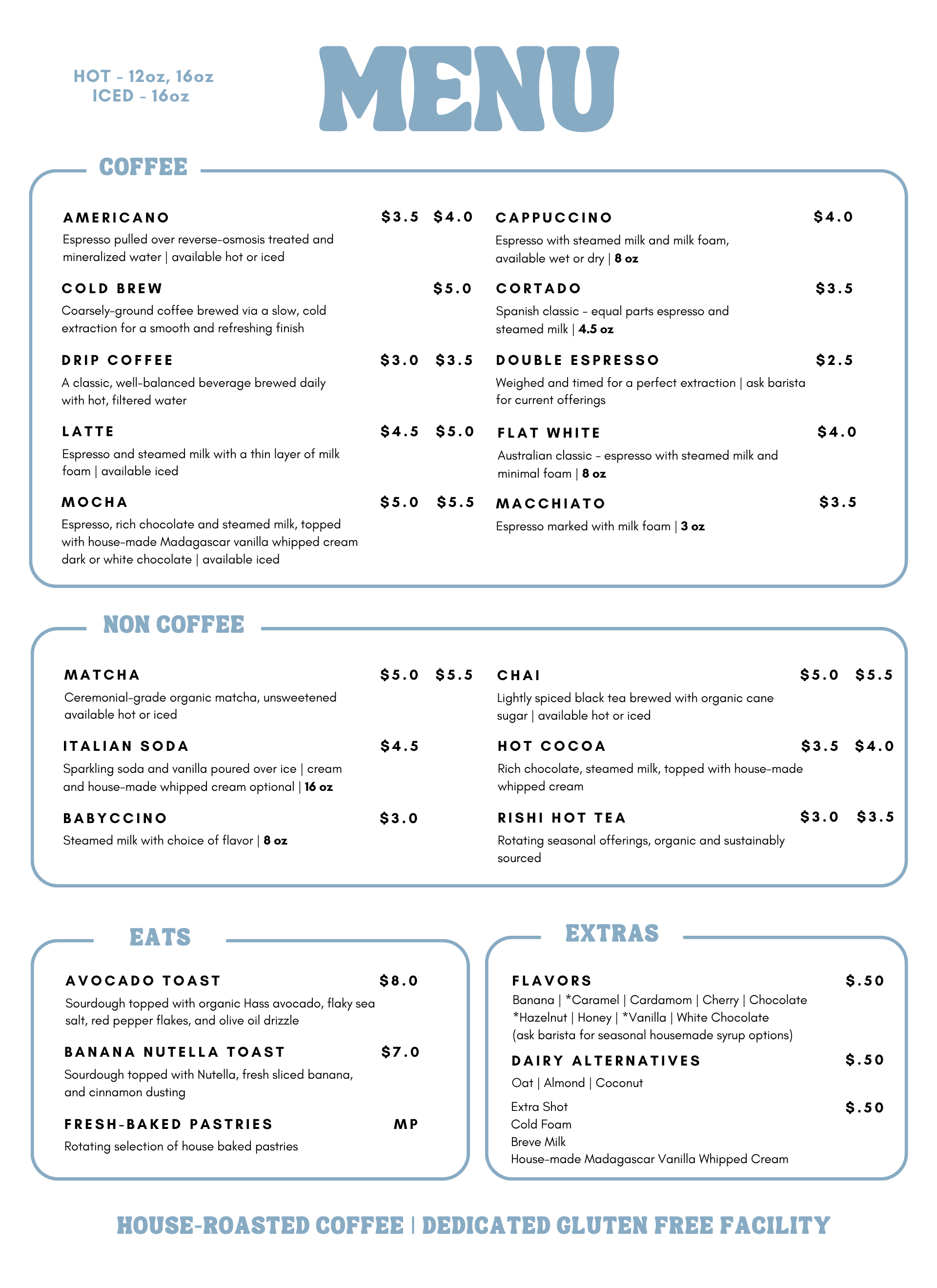 A coffee shop menu featuring hot, iced, and cold brew coffee, non-coffee beverages, food options including toasts and pastries, and extras like flavors and dairy alternatives, with prices listed.