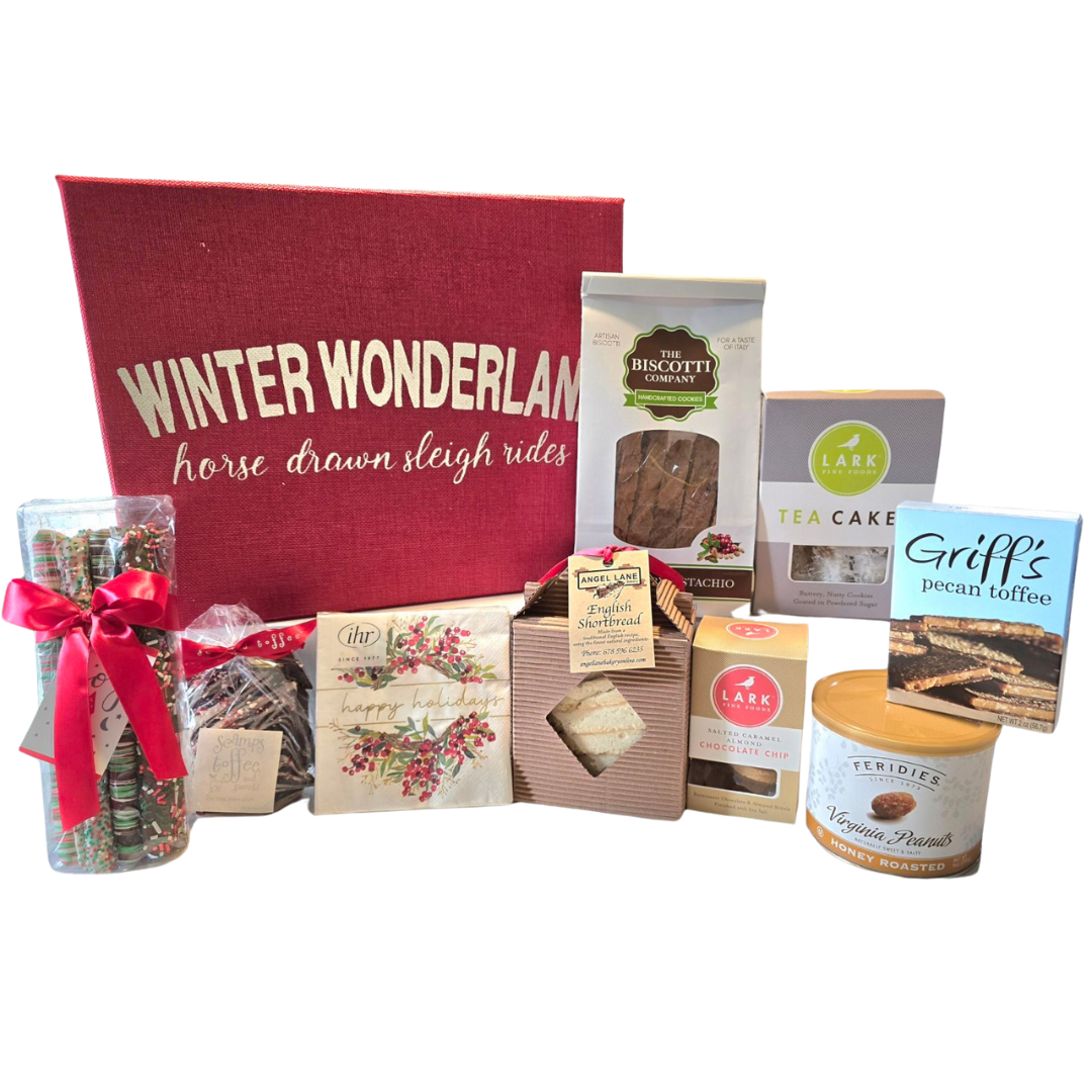Winter Wonderland holiday gift basket filled with gourmet treats, seasonal snacks, sweet and savory delights, beautifully arranged for Christmas gifting and holiday celebrations.
