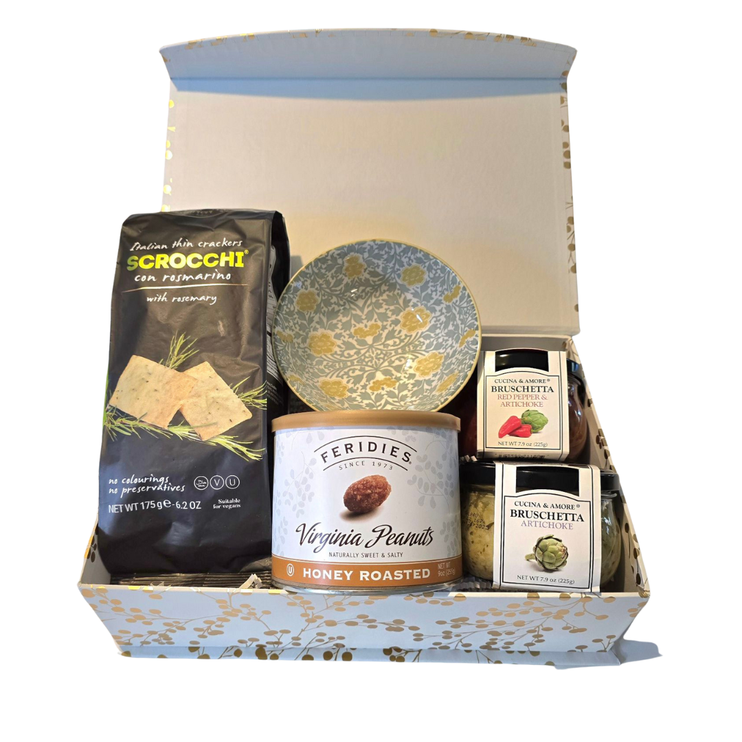 Happy hour snack gift box with artichoke and red pepper bruschetta, Italian crackers, honey roasted nuts, and a serving bowl