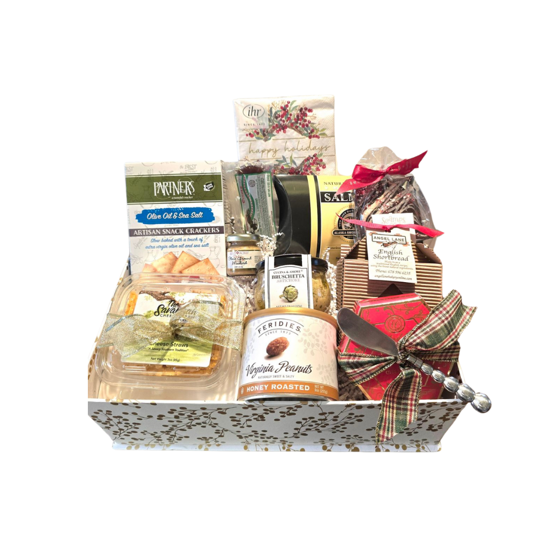gourmet gift basket with festive holiday snacks for gifting and entertaining