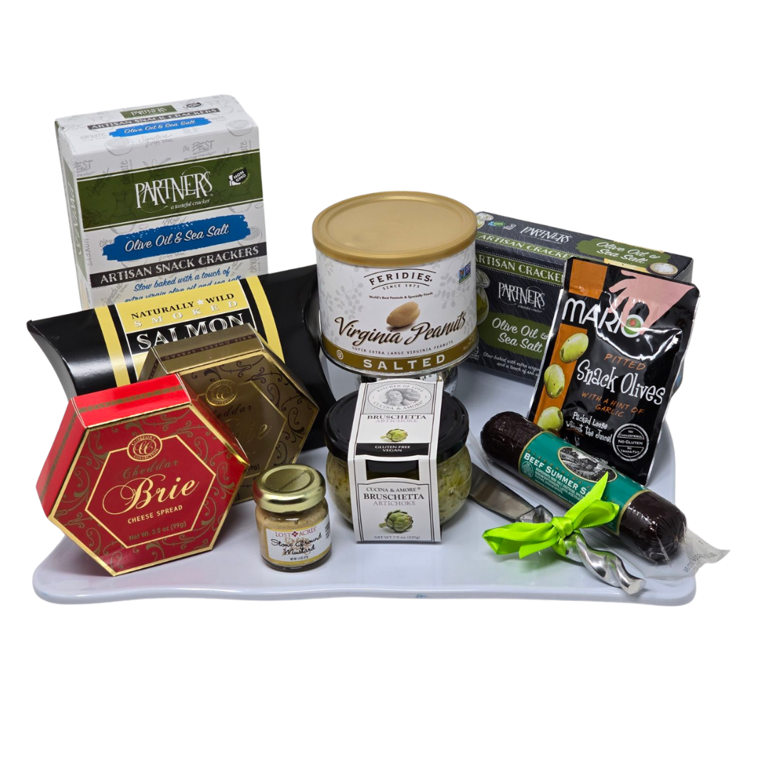 Gourmet charcuterie gift set with cheese spread, crackers, smoked salmon, olives, peanuts, bruschetta, and beef sausage