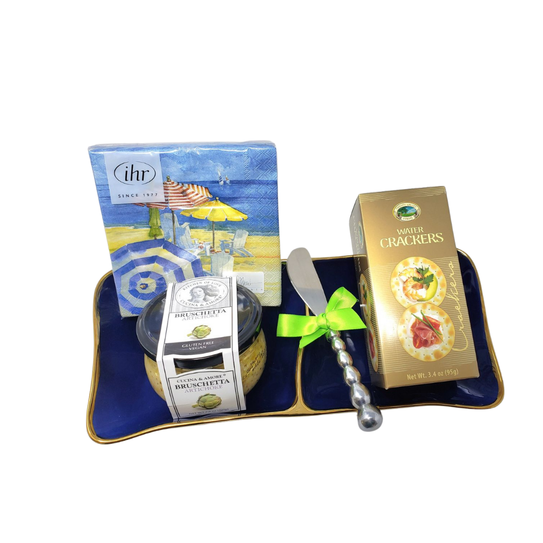 Gourmet small appetizer gift set featuring savory crackers, cheese straws, sausage, and entertaining essentials, perfect for hostess gifts, housewarmings, thank-you gifts, and special occasions