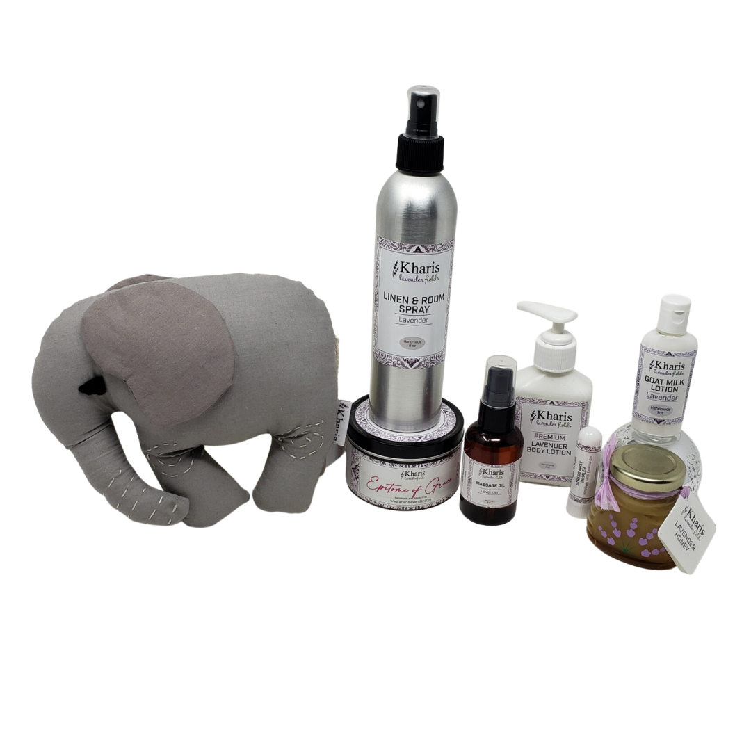 Lavender-themed spa and self-care gift set with calming wellness essentials for relaxation and pampering
