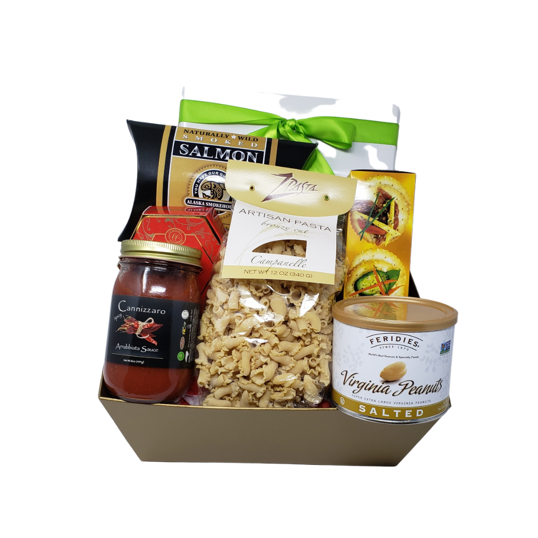 Gourmet Dinner Tonight gift basket featuring salmon, brie cheese, crackers, salted nuts, campanelle pasta with arrabbiata sauce, and cinnamon pound cake for a complete gourmet meal experience.