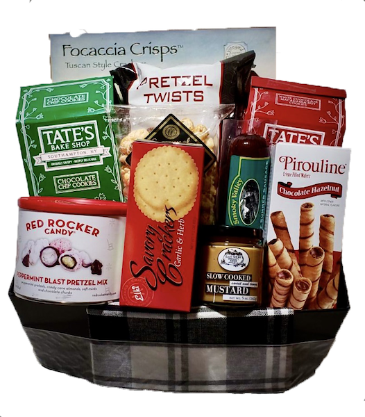 Sweet and savory gourmet gift basket filled with premium snacks, crackers, nuts, chocolates, and specialty treats for gifting and entertaining.