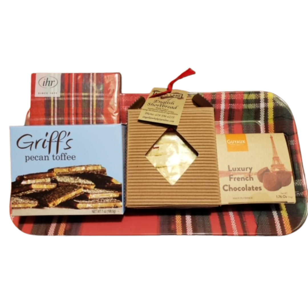 Plaid Tartan Serving Tray with Napkins & Gourmet Bites – Festive Hostess Gift Set