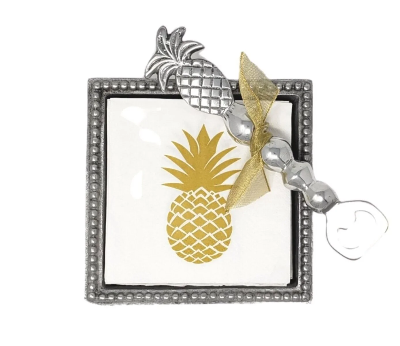 Pineapple-shaped bottle opener paired with decorative cocktail napkins for entertaining and hostess gifting
