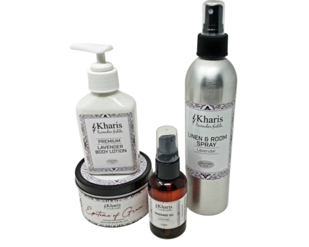 Lavender-themed self-care gift set with relaxing spa and wellness essentials for pampering and stress relief