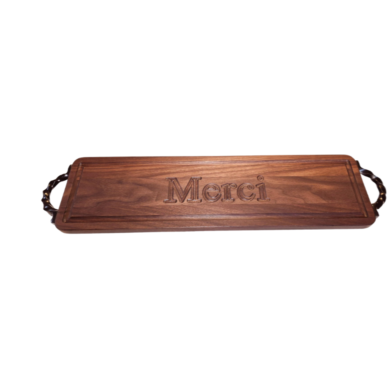 High-quality walnut appetizer serving tray with Merci carved in the center to demonstrate your thanks