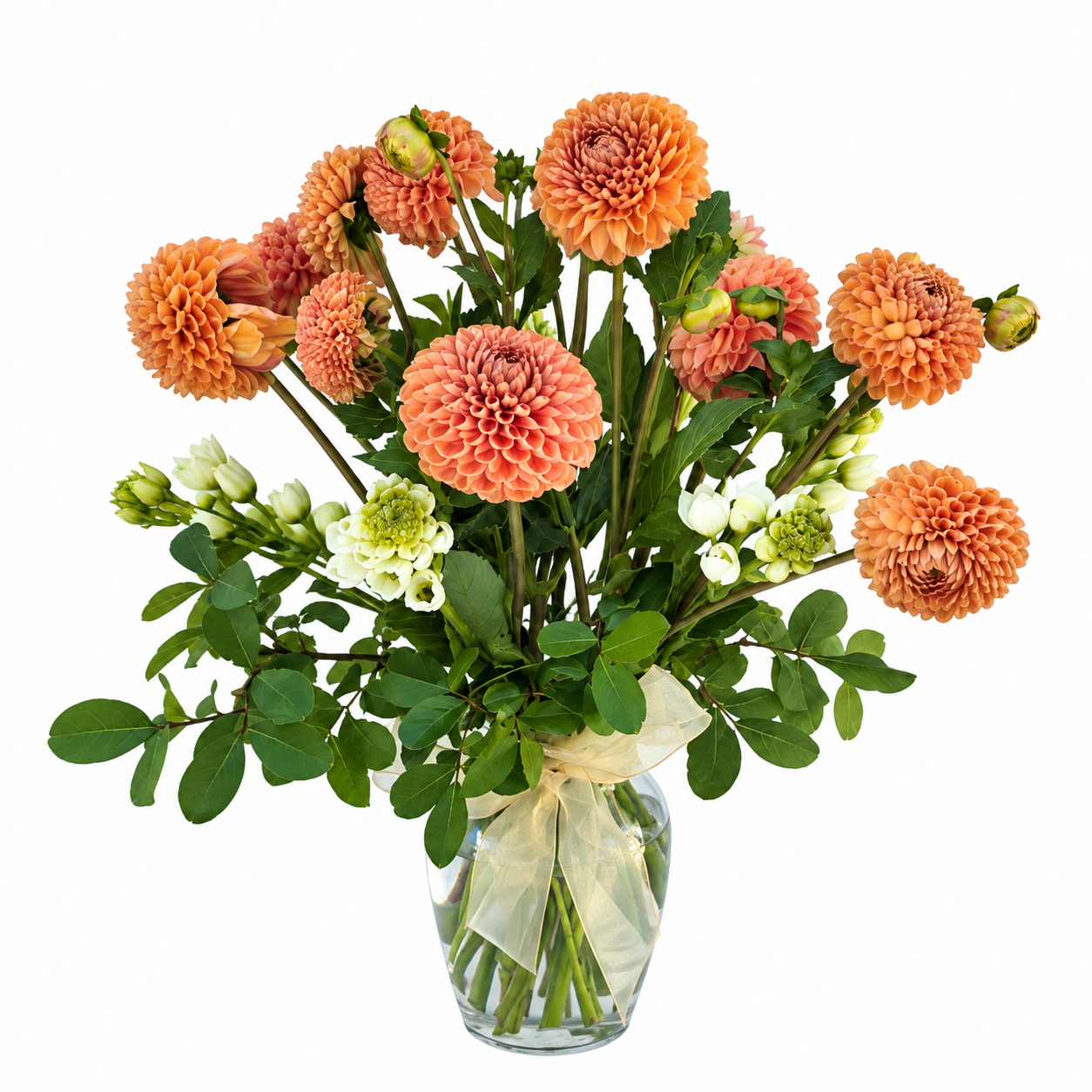 Orange Dahlia Flower Arrangement in Glass Vase