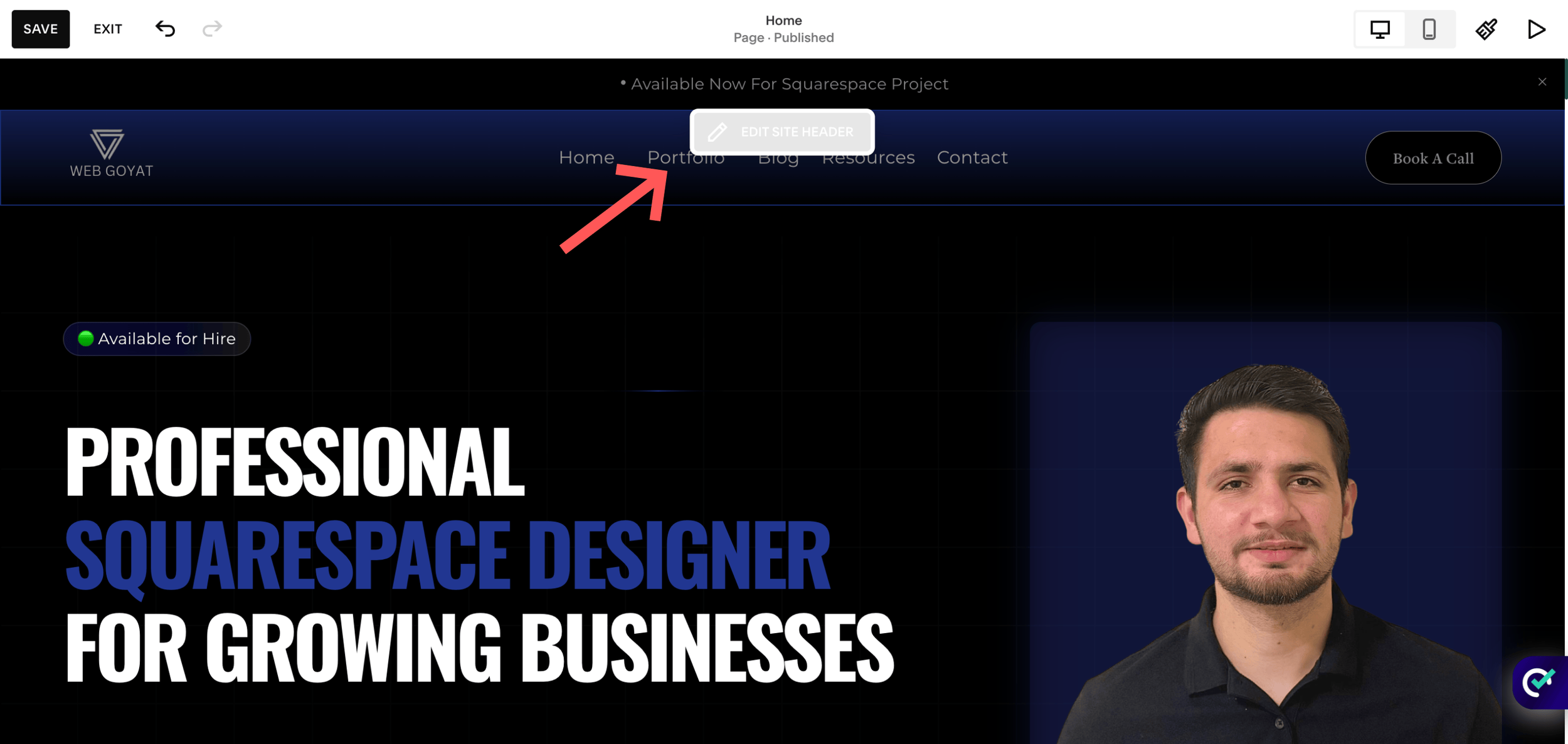 Hovering over header to access Edit Site Header option in Squarespace