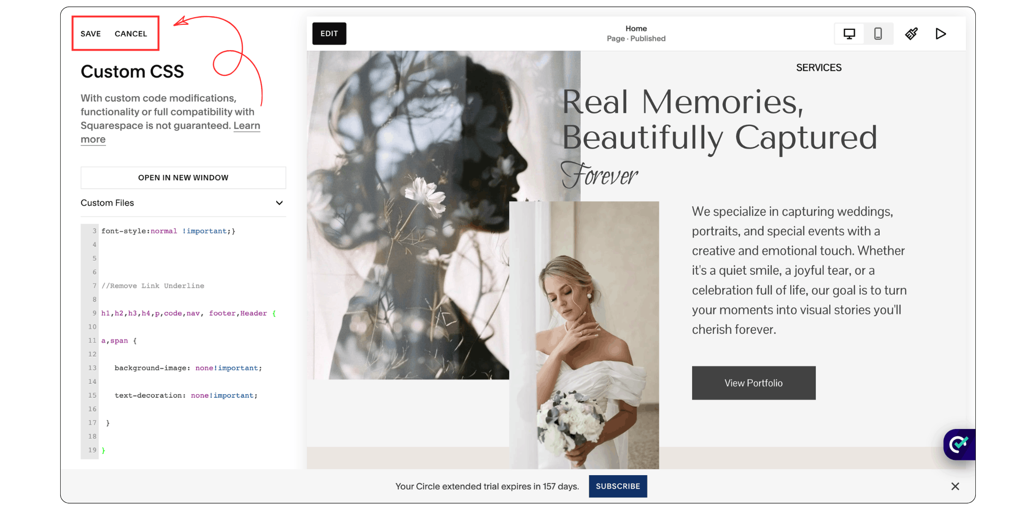 Squarespace website displaying links without underlines after applying custom CSS