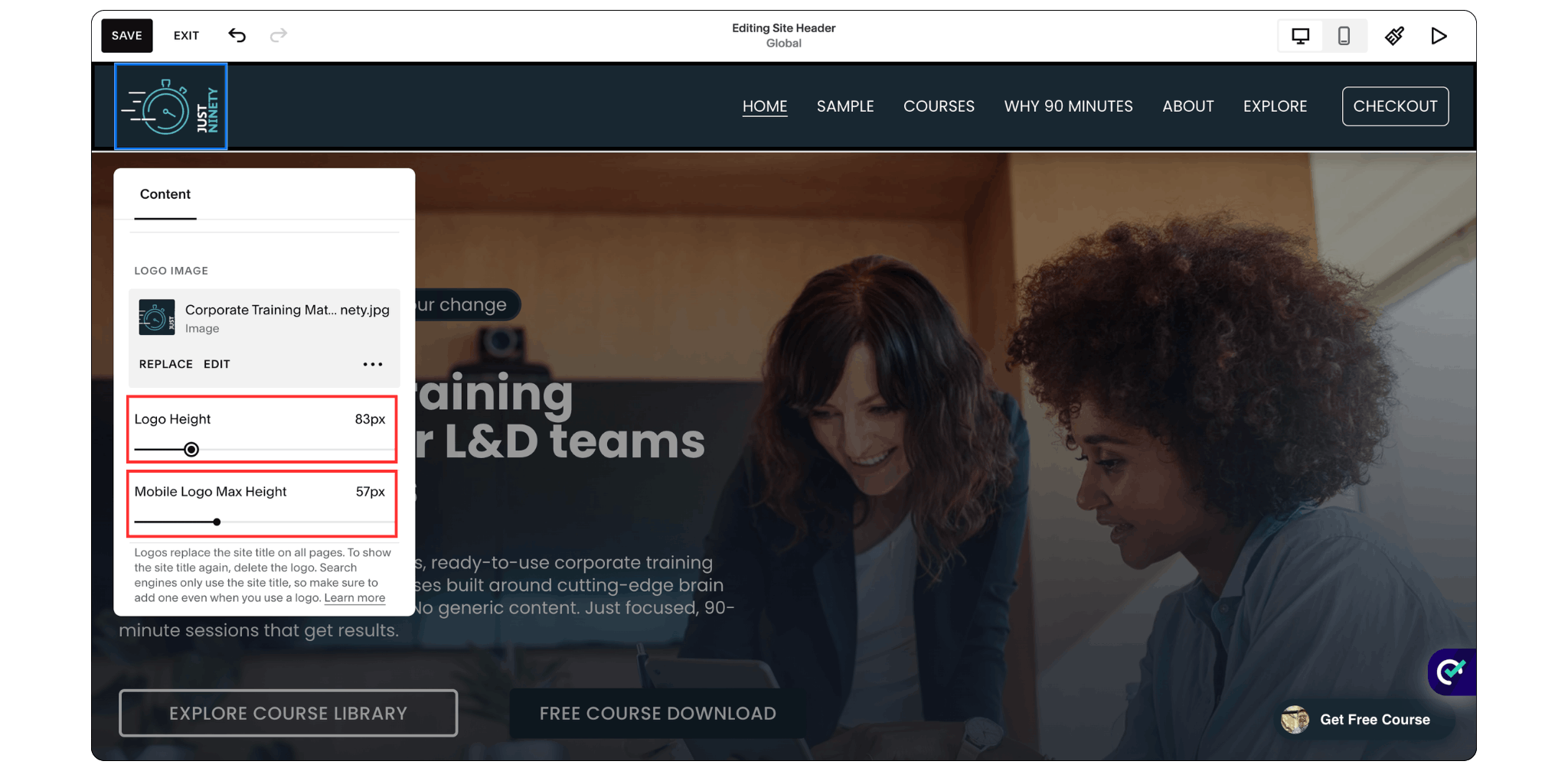 Adjusting logo size and previewing it in Squarespace website header