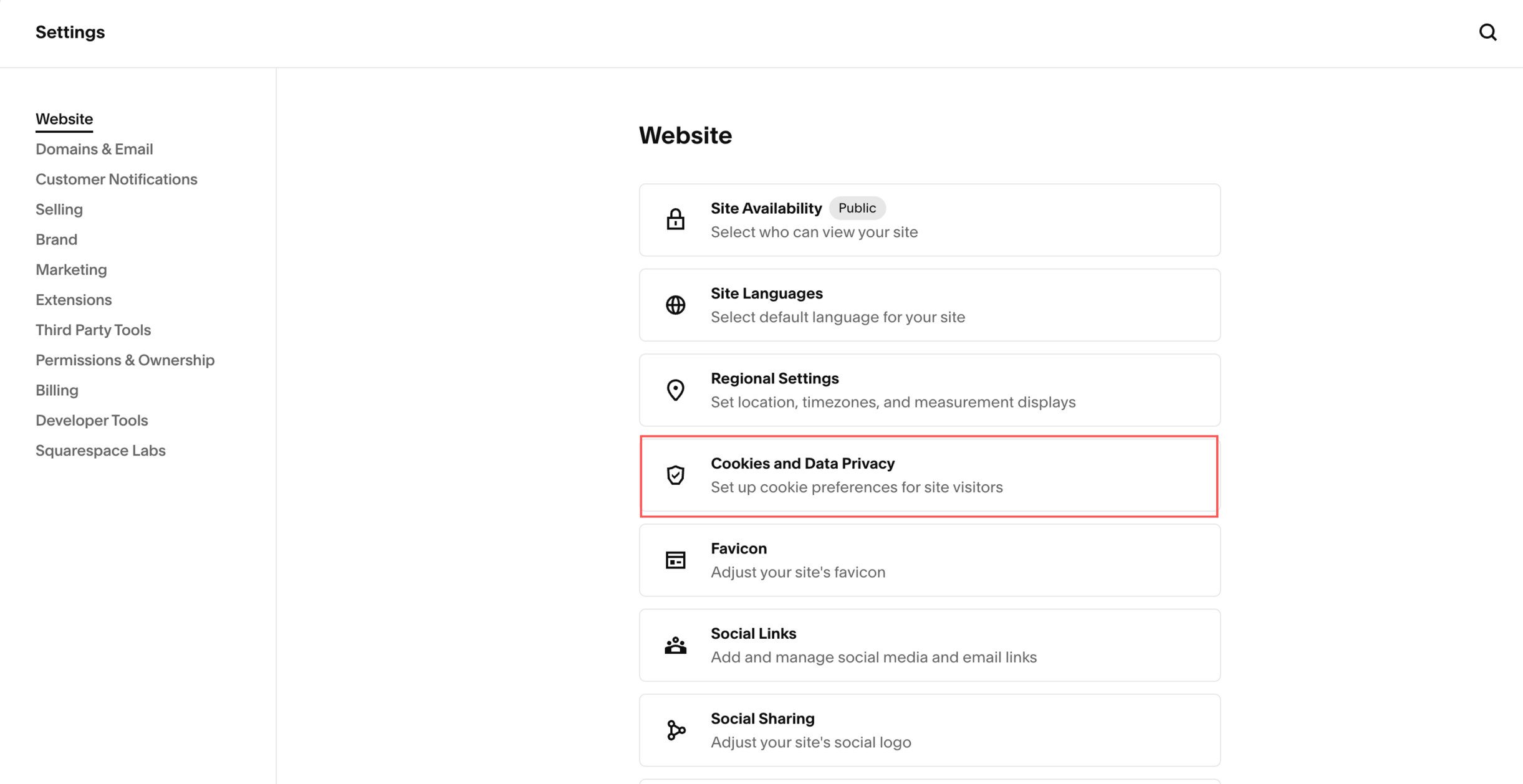 Squarespace cookie banner settings showing Accept, Decline and Manage Cookies options.