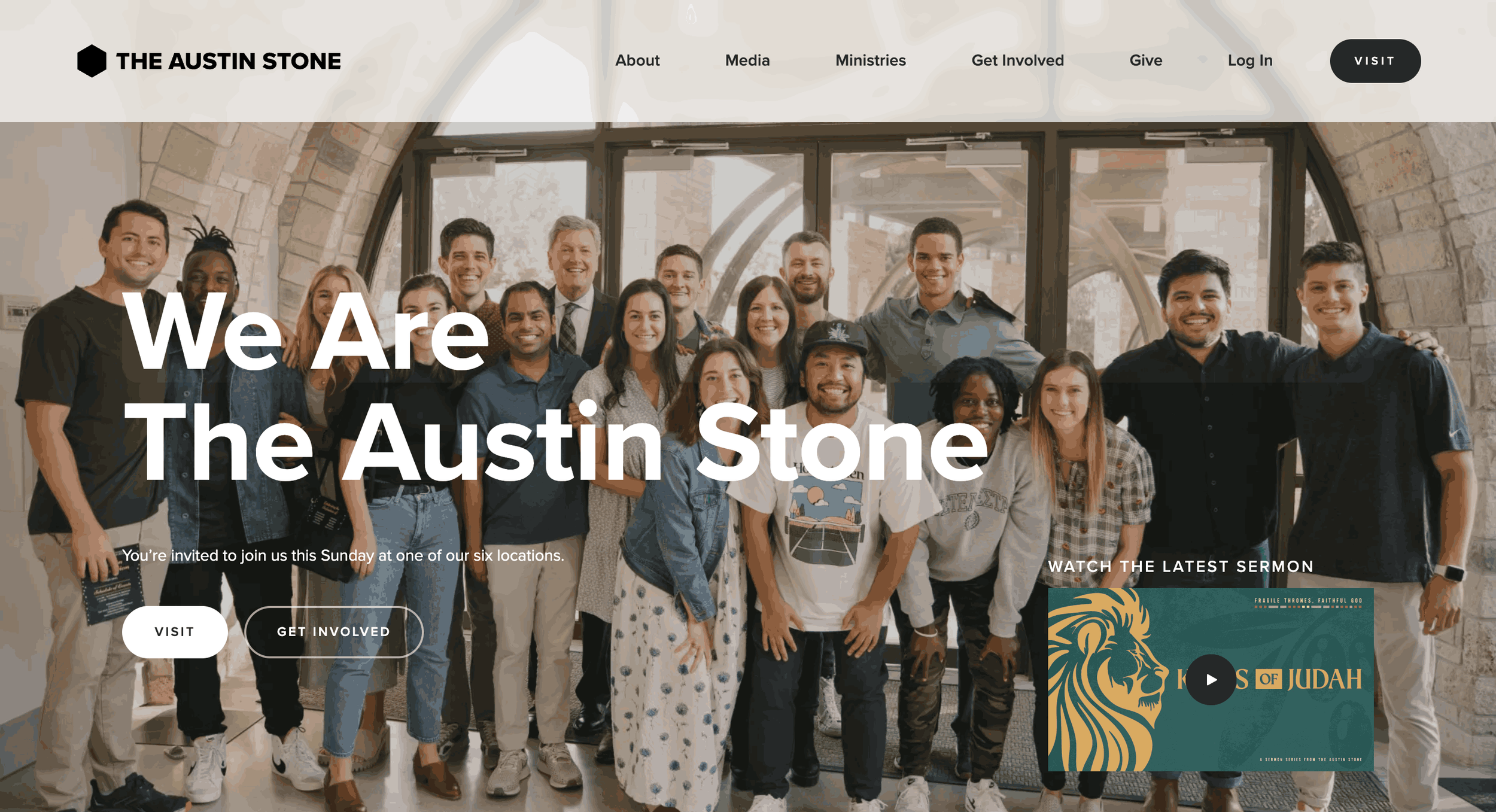 Modern ministry homepage with campus locations, service times, and clear visitor navigation