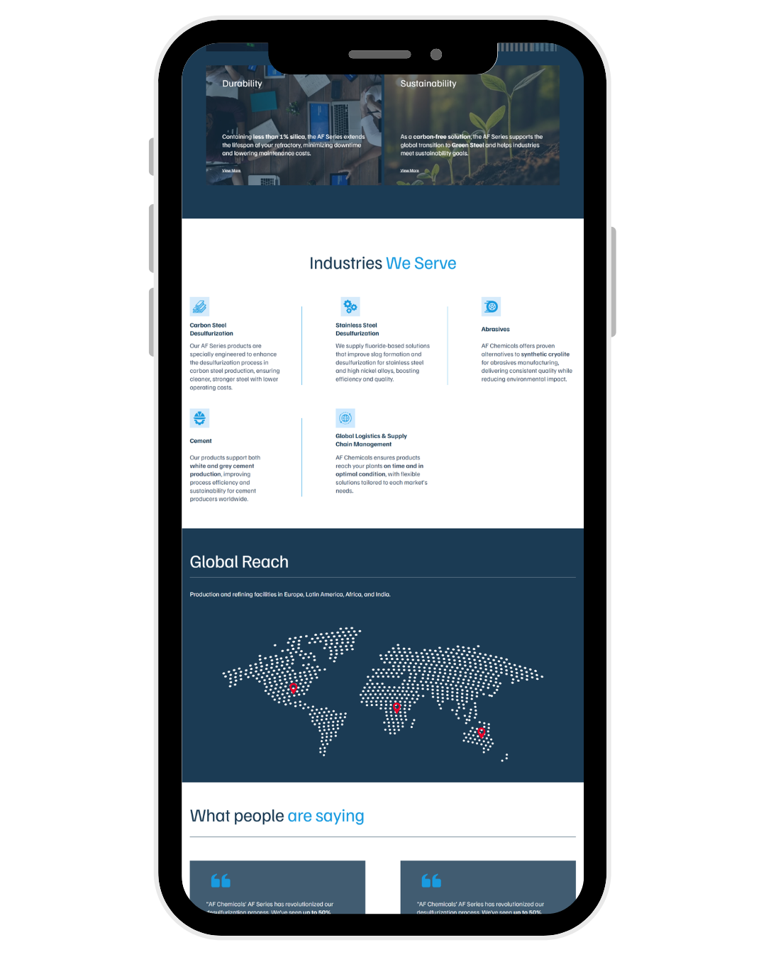 AF Chemicals responsive mobile website displayed on a smartphone