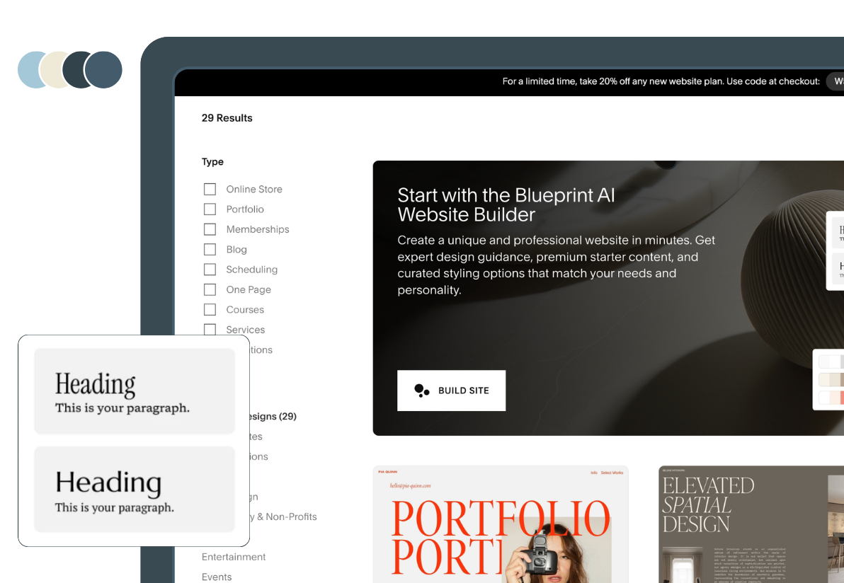 Squarespace website builder interface showing design templates and customization options
