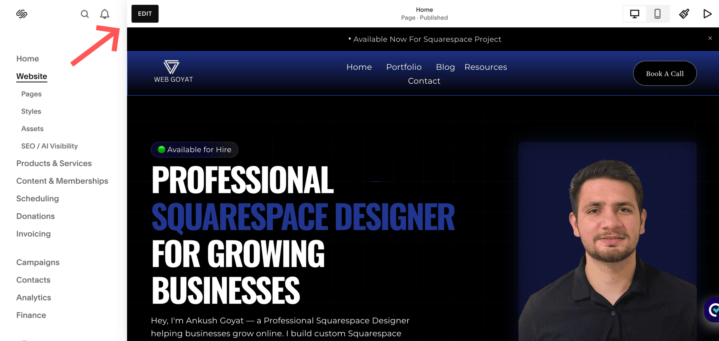 Clicking the Edit button to enter Squarespace site editor mode
