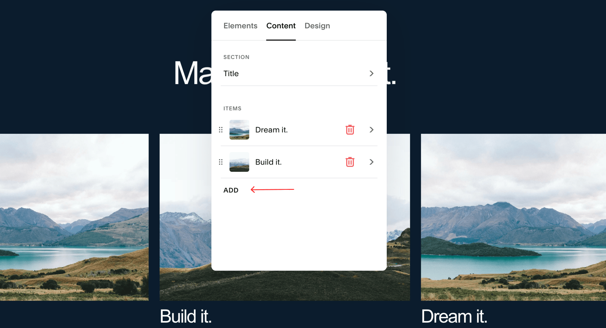 Squarespace carousel content tab showing the Add Images option