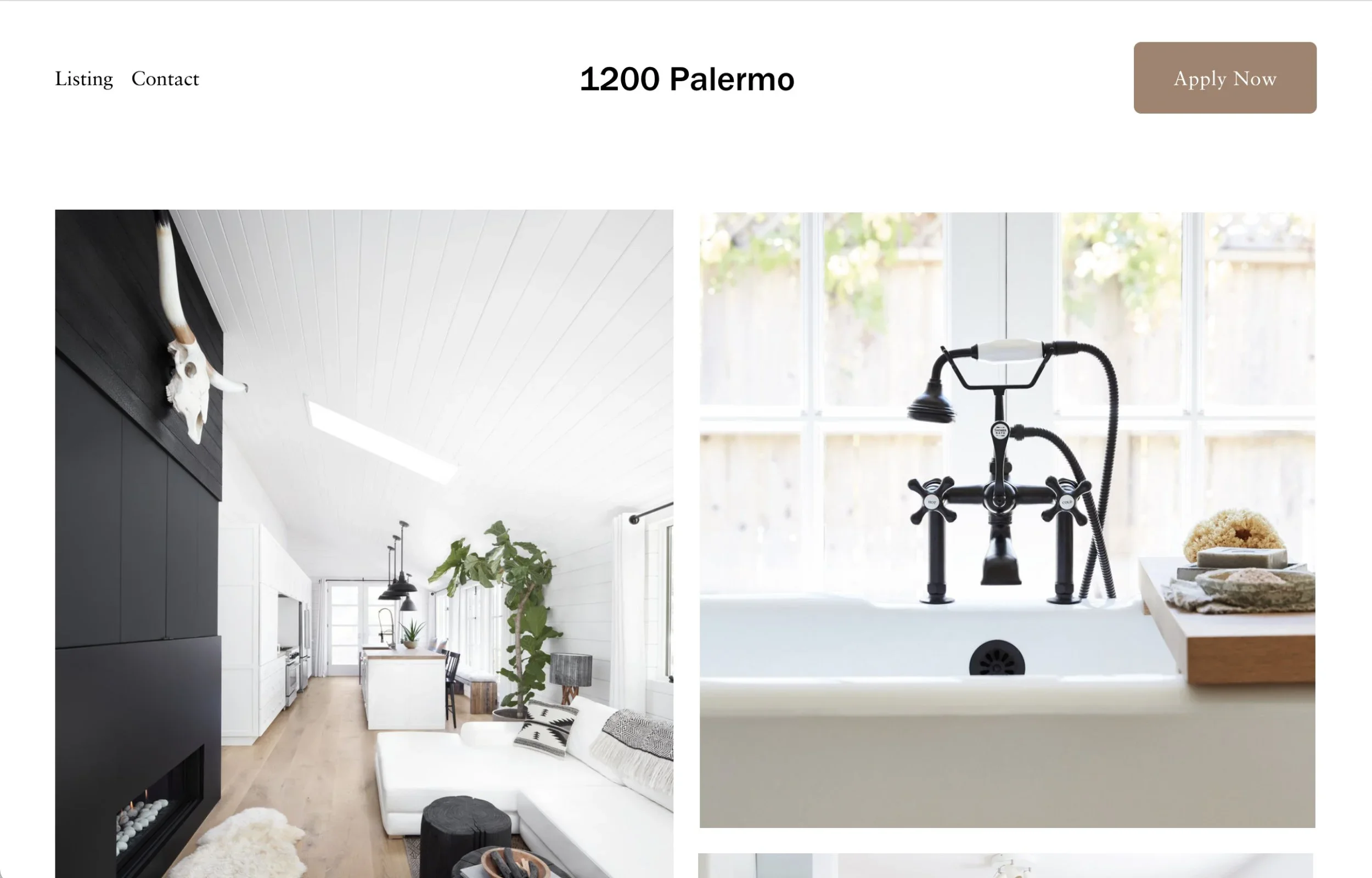 Palermo Squarespace property template with interior photographs and an Apply Now button.