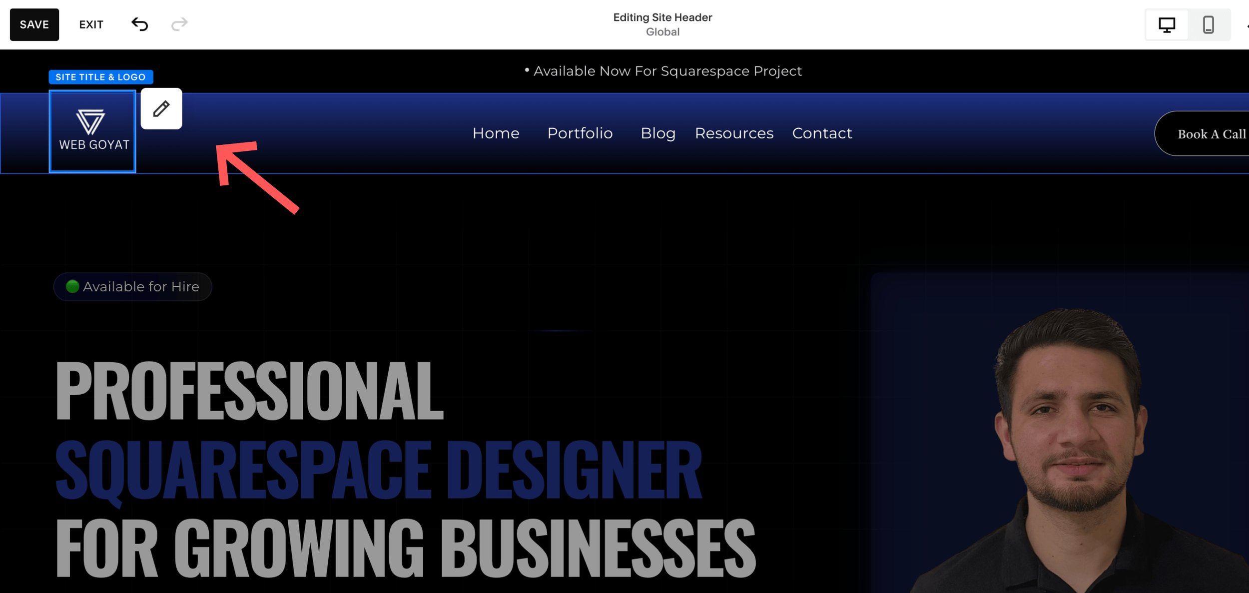 Squarespace Site Title and Logo editor panel to change site title text