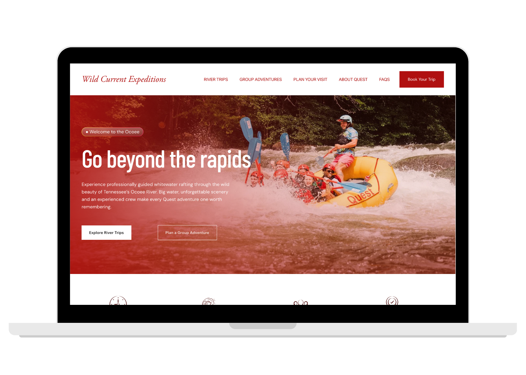 Wild Current Expeditions whitewater rafting homepage displayed on a laptop