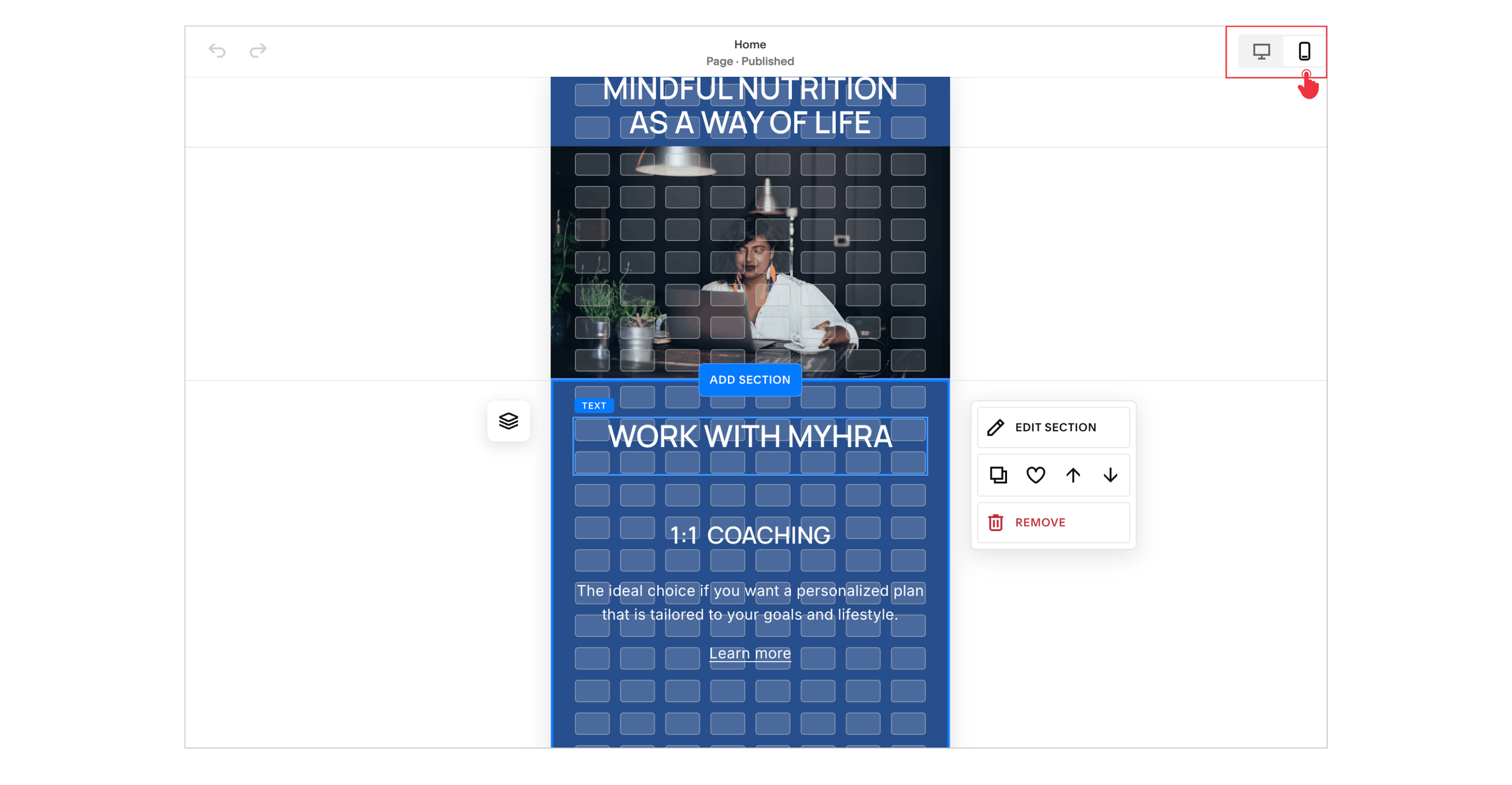 Squarespace Fluid Engine mobile grid showing text and image blocks for adjusting layout and spacing
