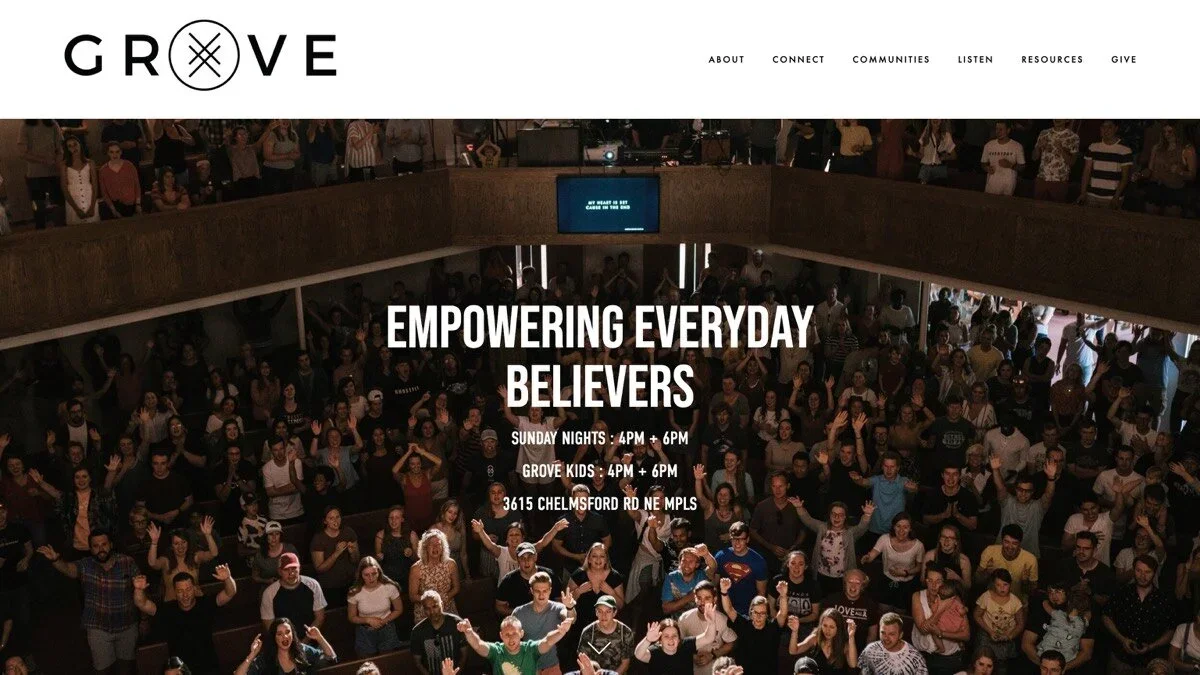 Grove Church minimalist homepage example for small church websites built with Squarespace