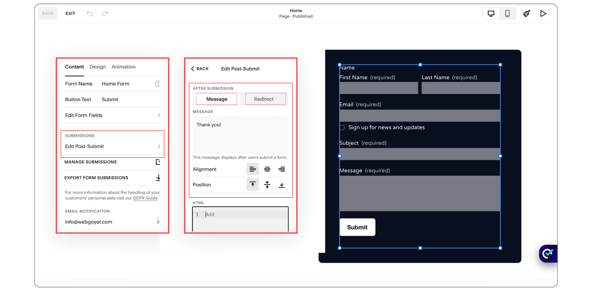 Squarespace contact form confirmation message and redirect settings