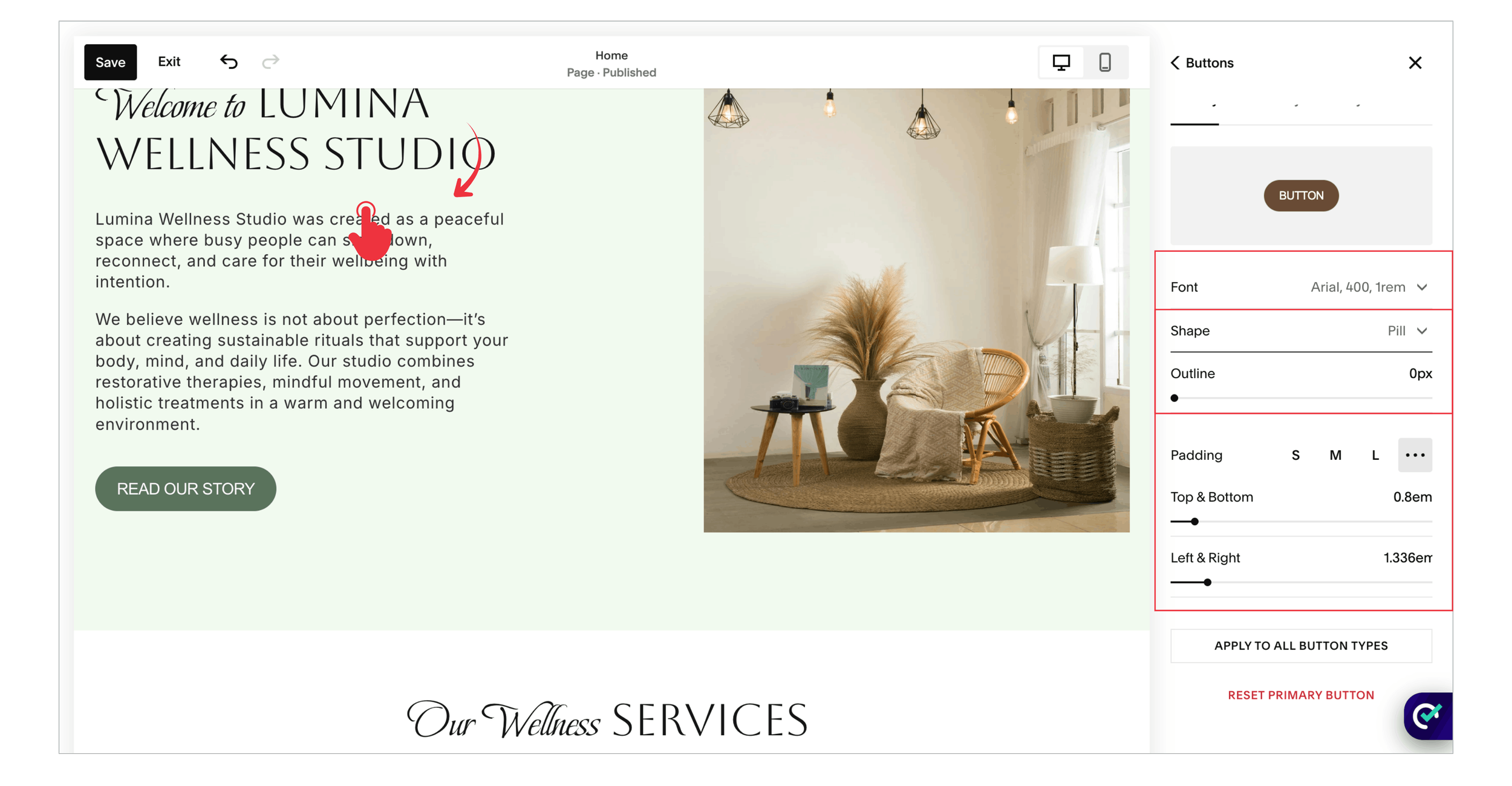 Squarespace button settings showing font, pill shape, outline thickness, and padding controls.