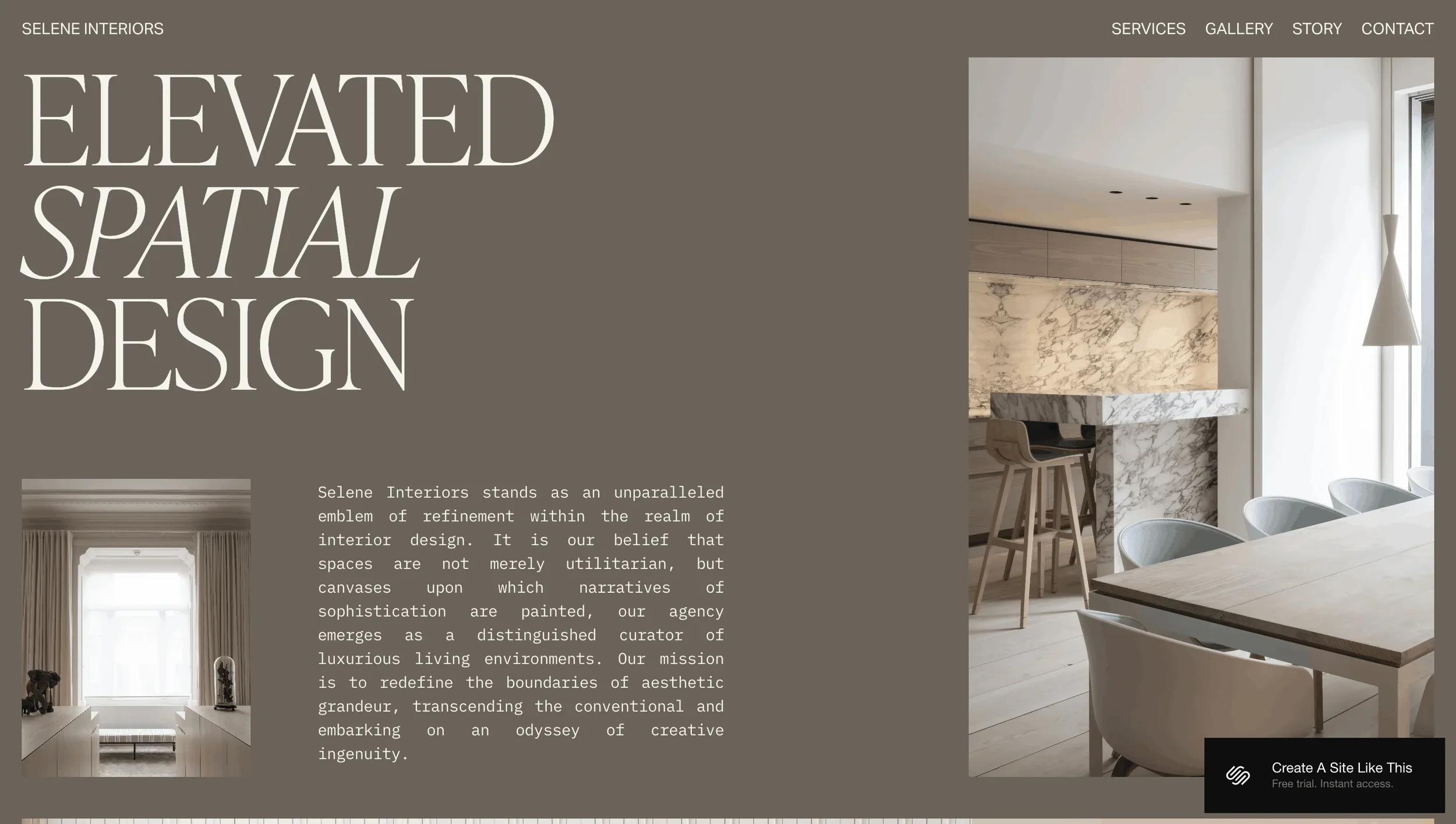 Selene Squarespace template featuring large interior photographs and project descriptions.