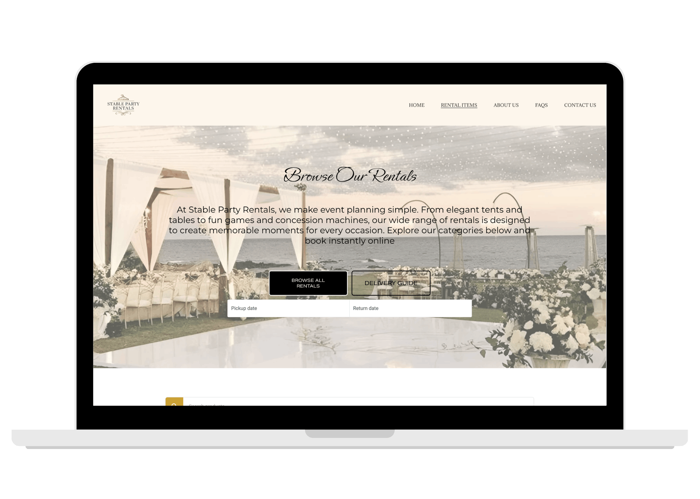 Stable Party Rentals event rental homepage displayed on a laptop