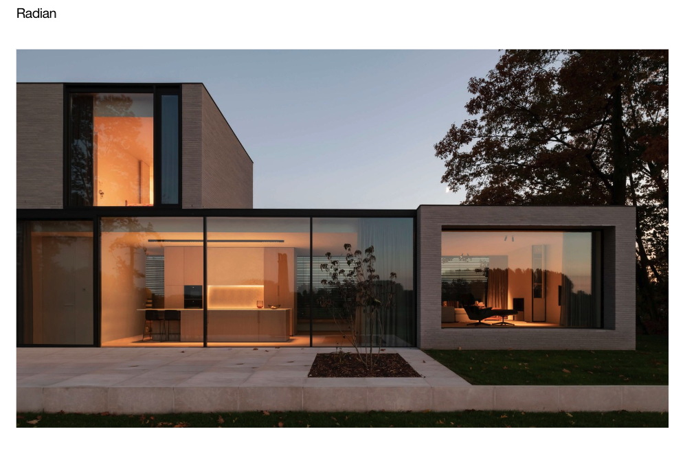Radian Squarespace template featuring a large photograph of a modern house at dusk.
