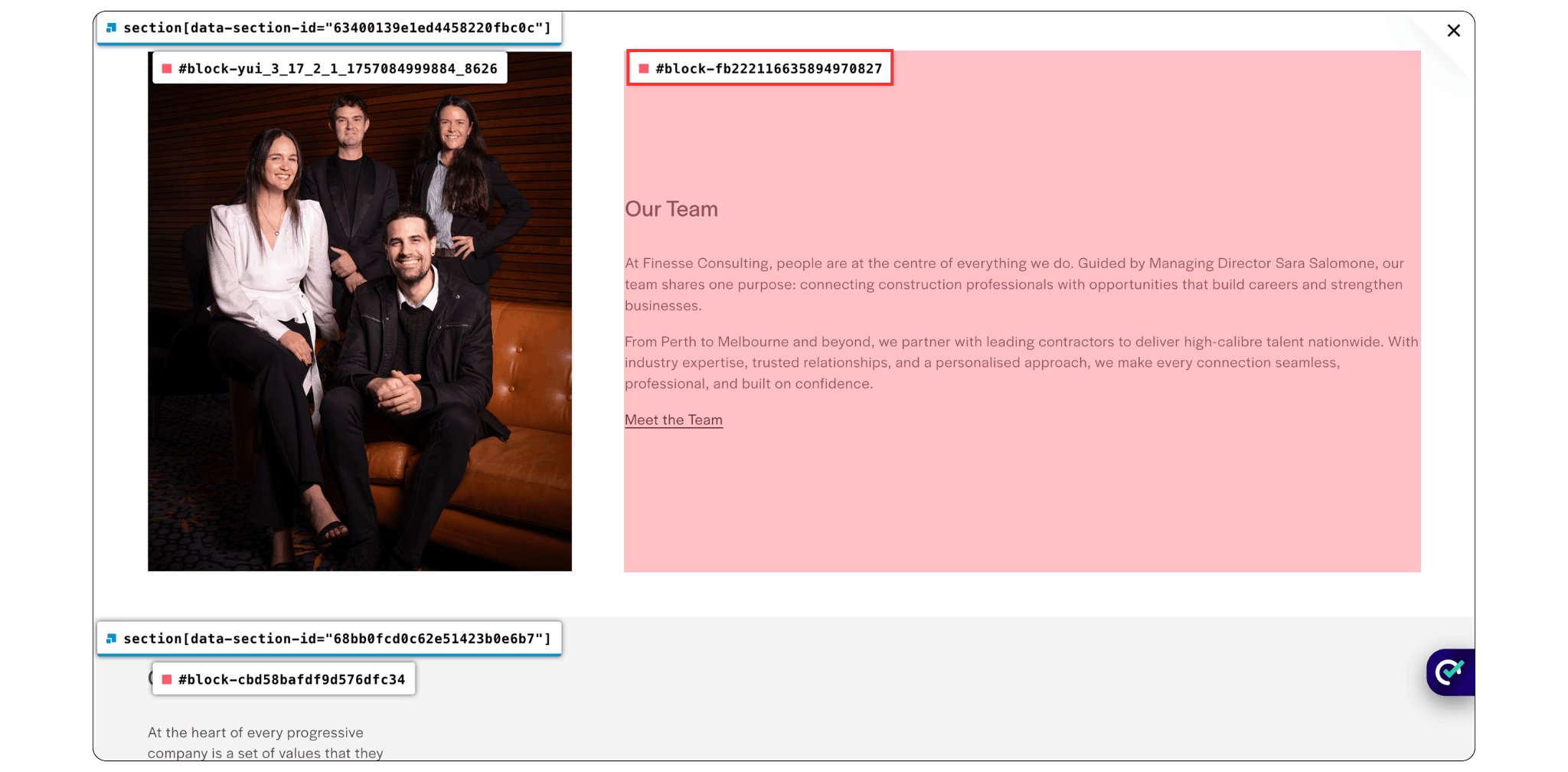 Squarespace ID Finder showing block IDs for buttons images and text sections