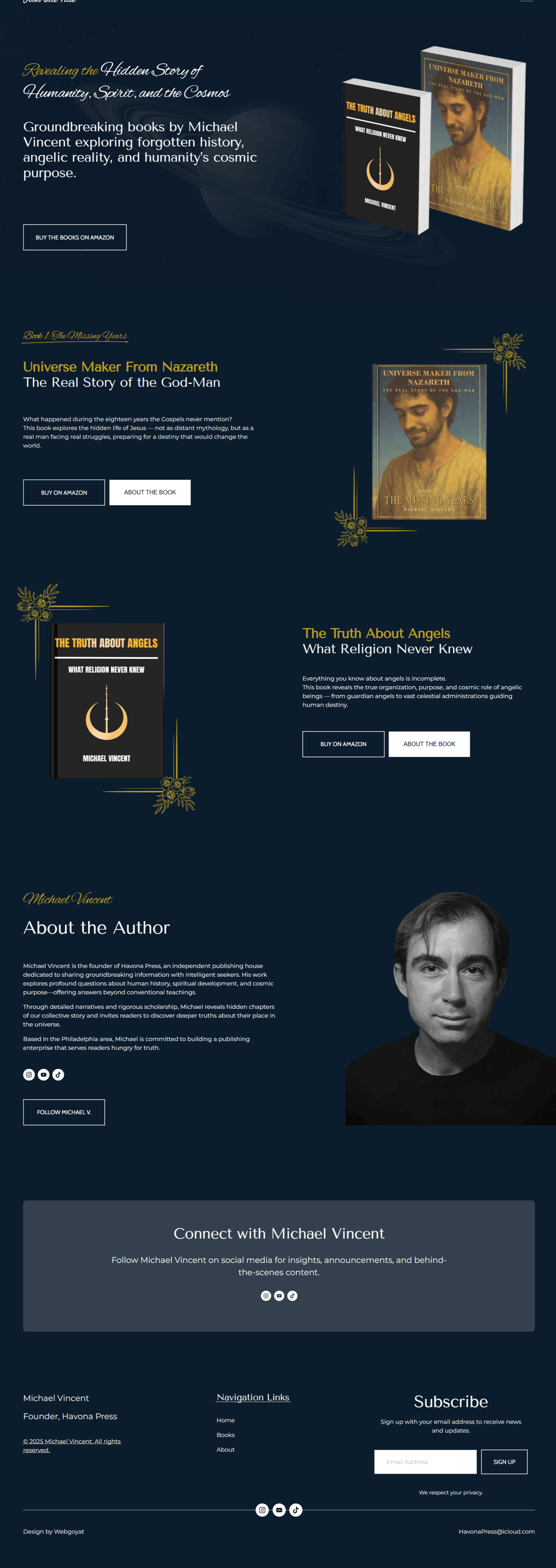 Full-page view of the Michael Vincent Squarespace author website and book catalogue