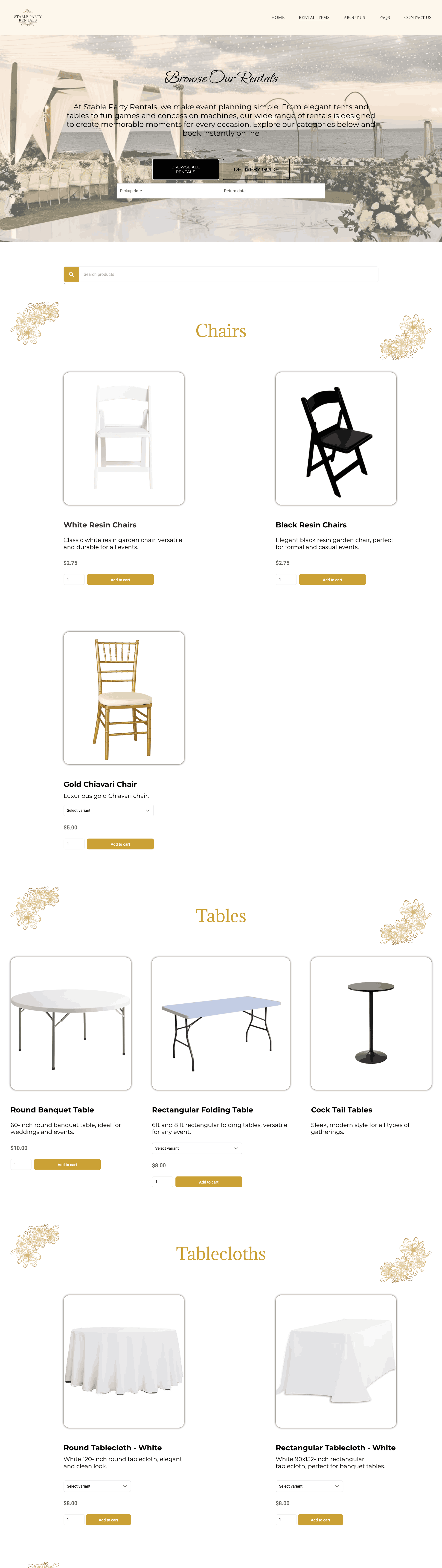 Full-page view of the Stable Party Rentals Squarespace website design