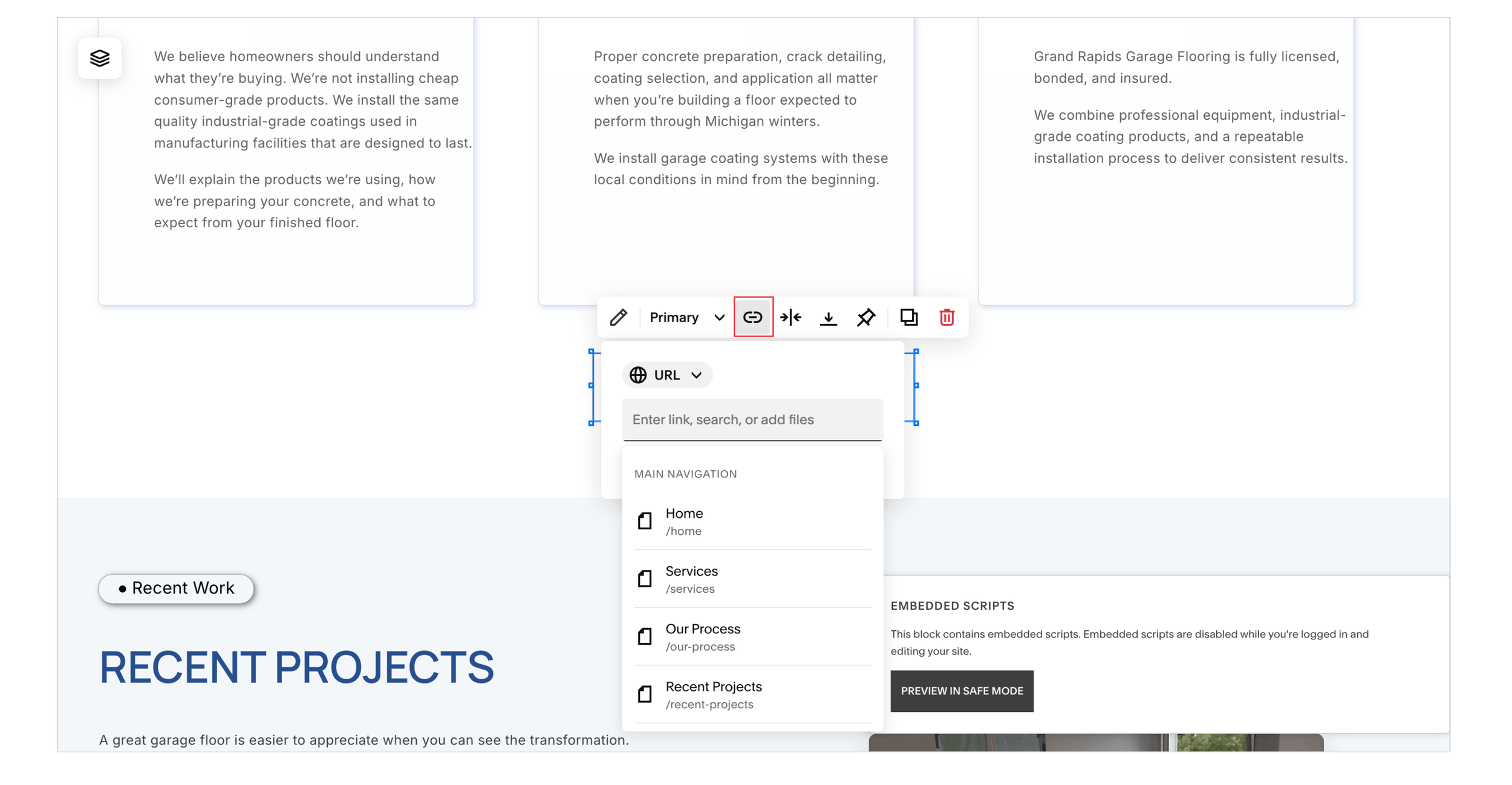 Editing a broken link in the Squarespace link editor