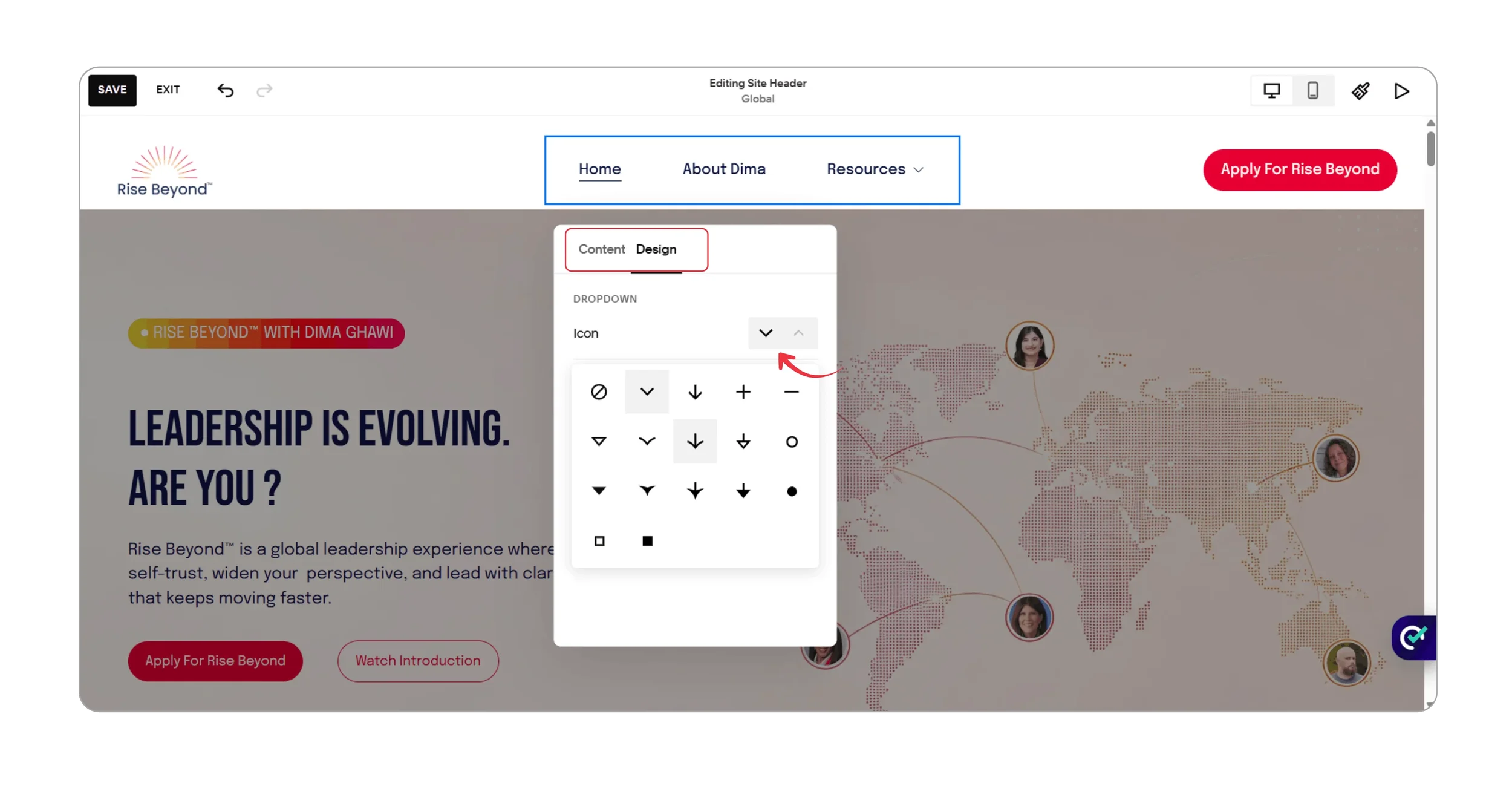 Dropdown indicator arrow to dropdown menu style settings in Squarespace