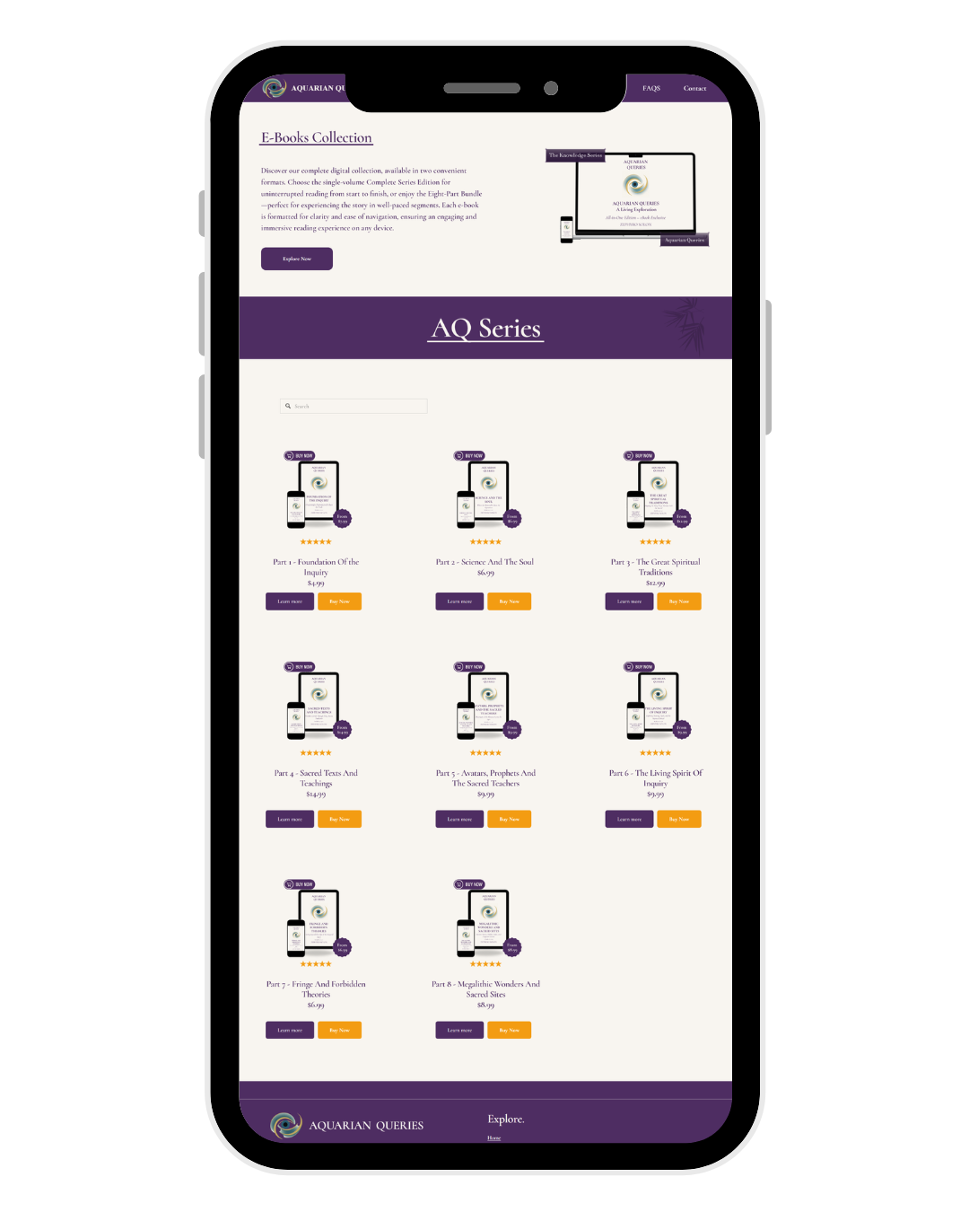 Aquarian Queries mobile website displayed on a smartphone