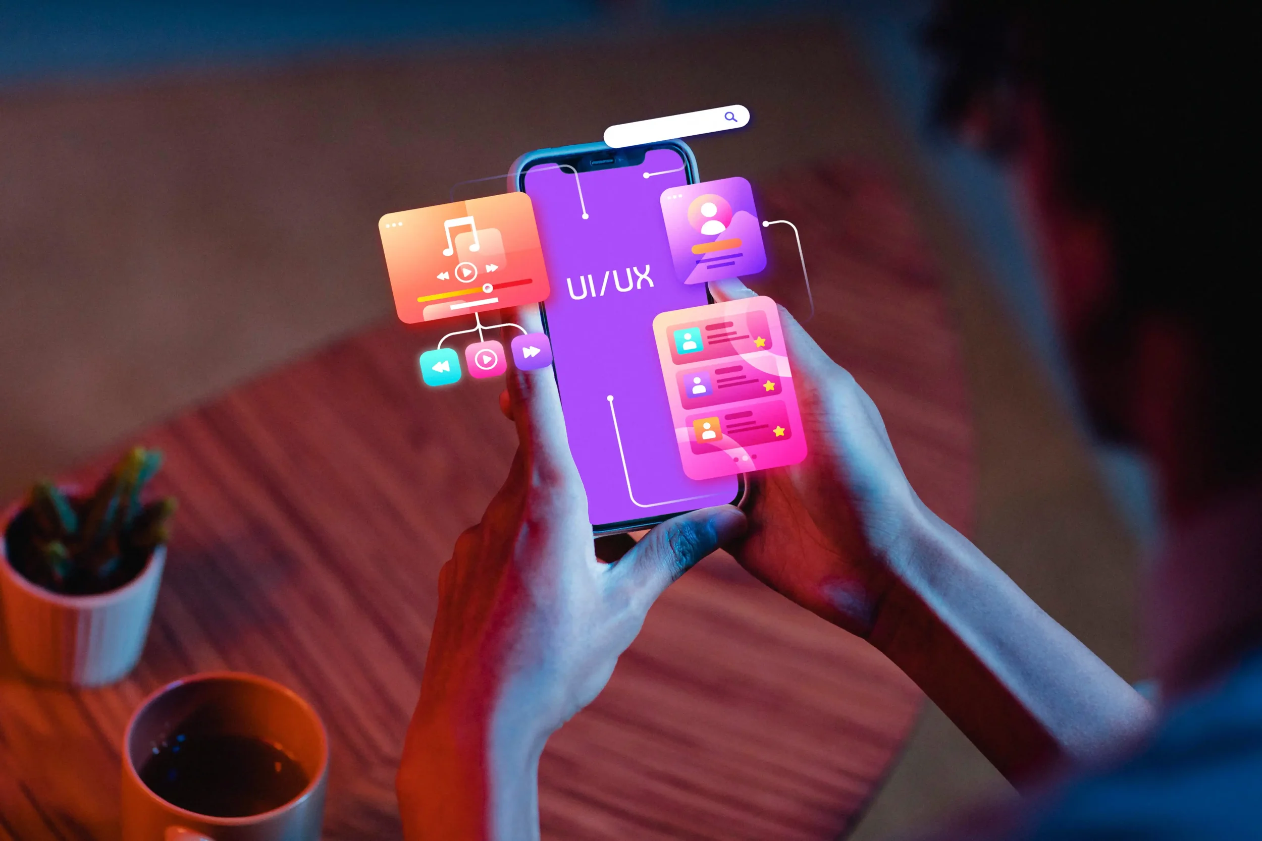Person holding a smartphone with floating user interface graphics illustrating mobile website optimization