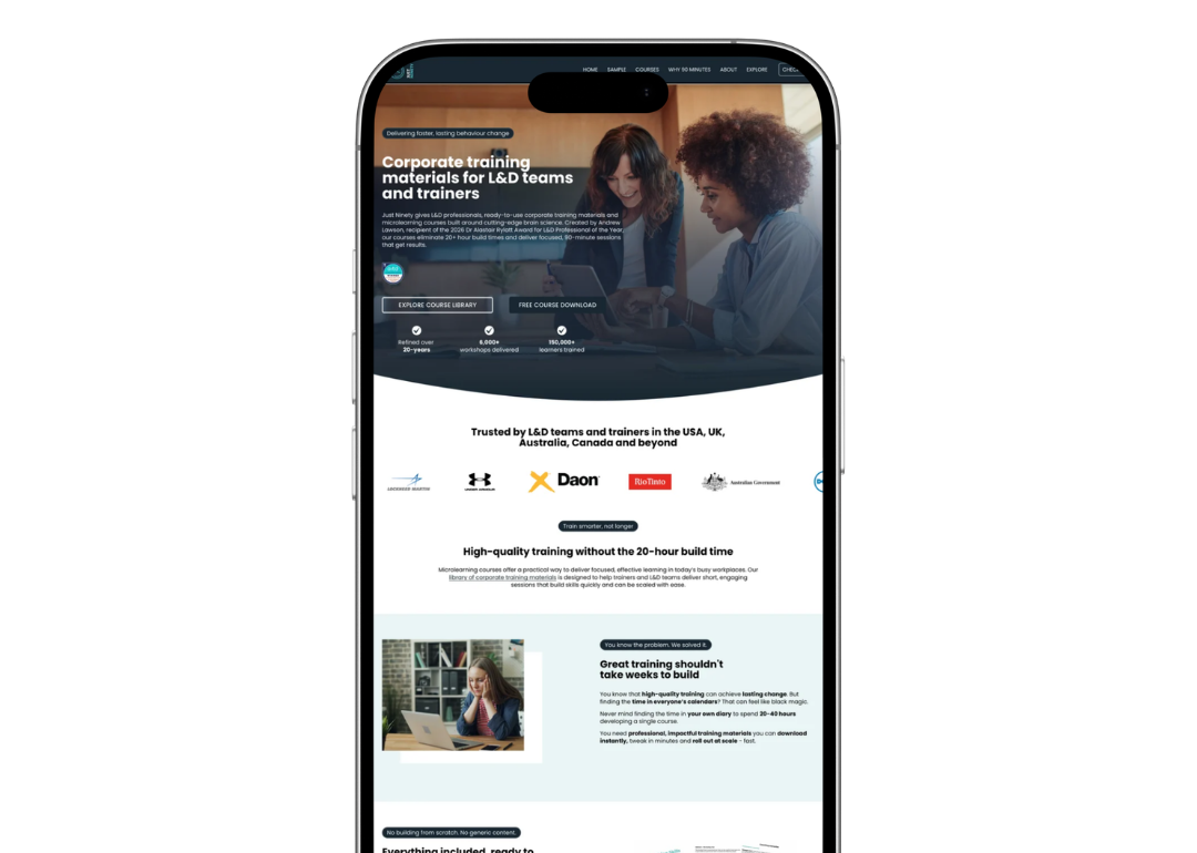 Just Ninety responsive mobile website displayed on a smartphone