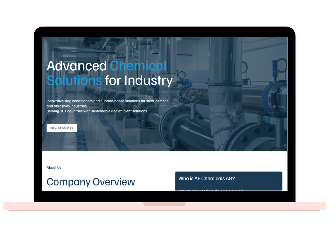 AF Chemicals manufacturing website homepage displayed on a laptop